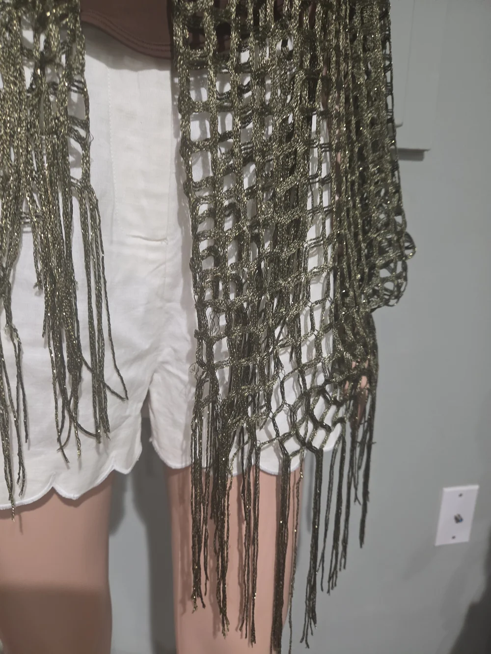 Metallic Olive Gold Crochet Open Knit Fringe Kimono Shawl Beach Cover Up